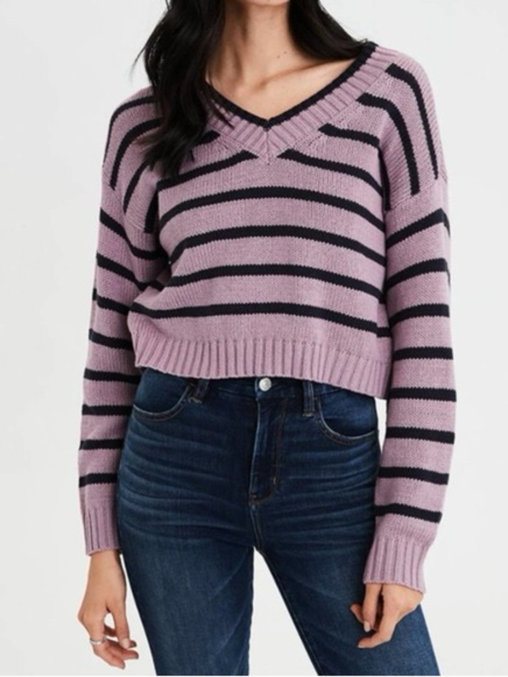 American Eagle Outfitters Lilac and Black Striped V-Neck Sweater